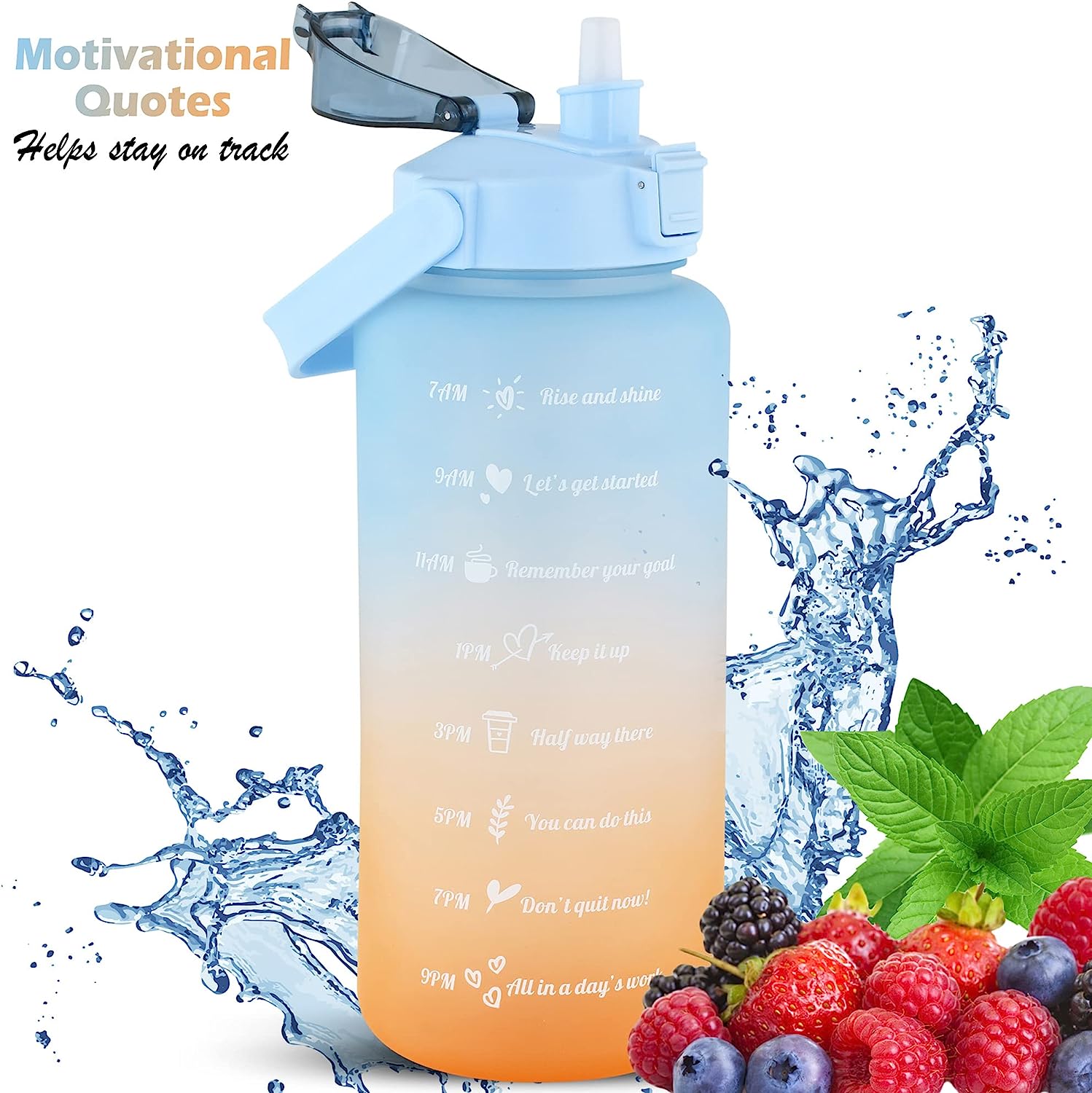 64 oz Motivational Water Bottle with Time Marker Half Gallon Water Bottle BPA Free with Handle and Straw, Large Clear Water Jug Wide Mouth with Flip
